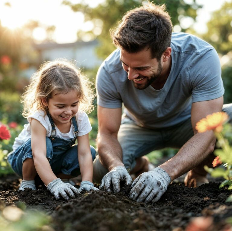 Homme et fille jardinant